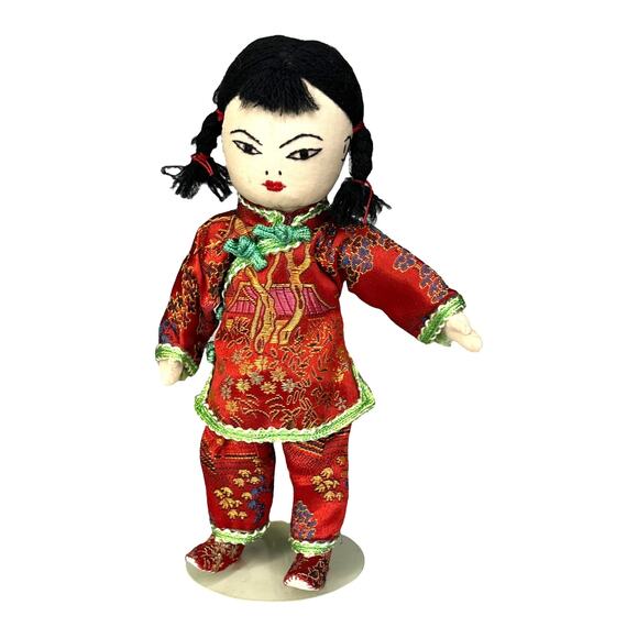 VTG Asian Japanese DOLLS 8" Embroidered Cloth Boy Girl Silk Kimono Top Pants - Picture 7 of 11